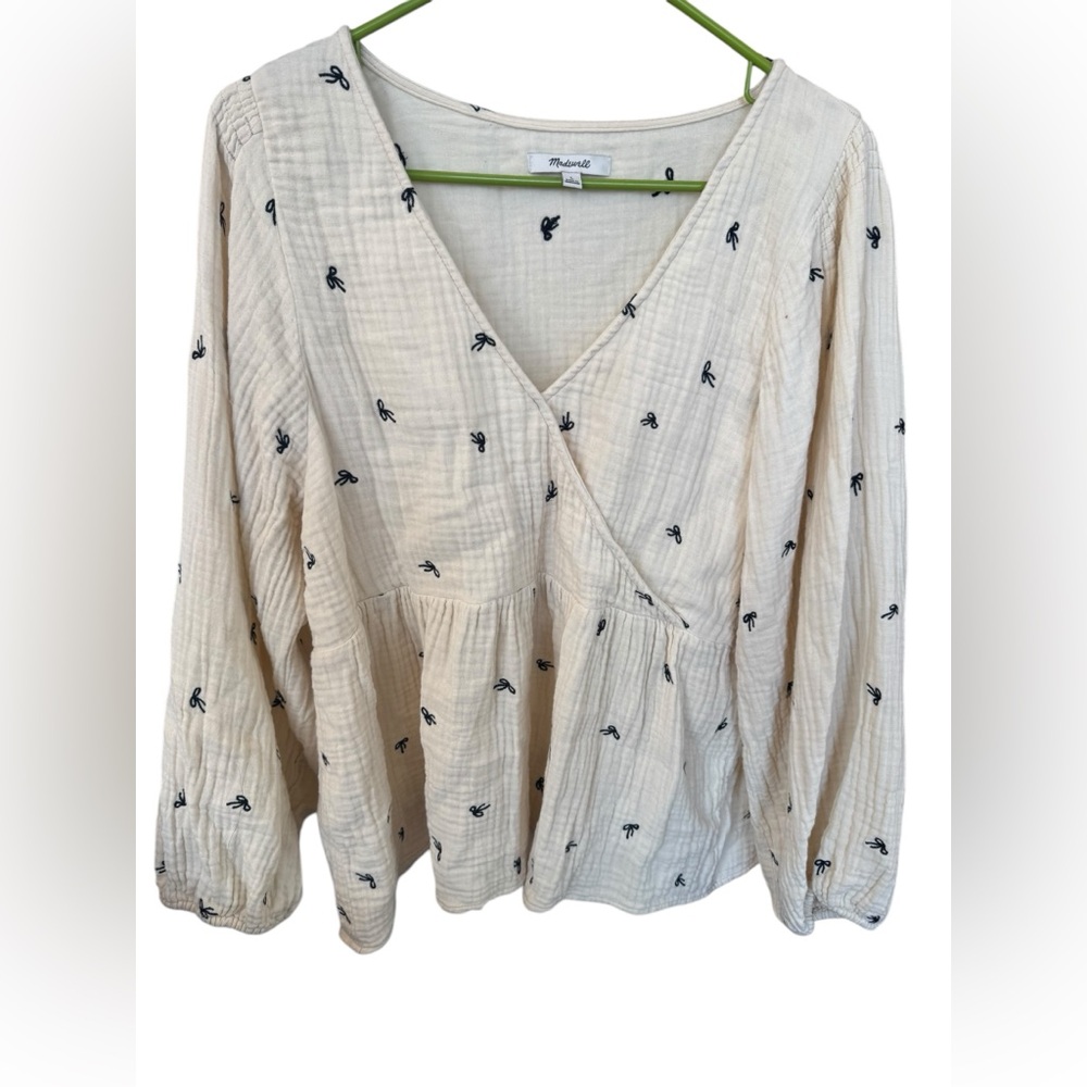 Madewell Cream Blouse with Black Floral Embroidery